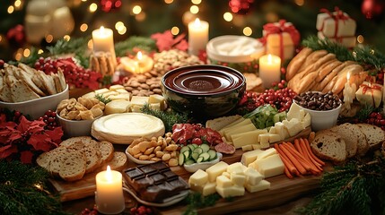 A cozy Christmas Eve fondue dinner with a festive table set with a variety of cheeses, breads, and vegetables for dipping, surrounded by glowing candles, holiday decorations, and twinkling lights,