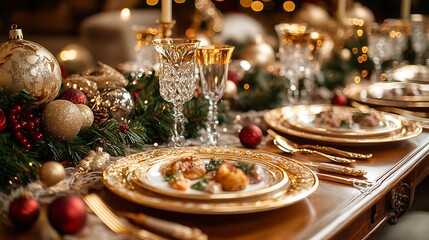 A lavish Christmas Eve dining table set with gold-trimmed plates, crystal glassware, and silver cutlery, featuring a gourmet meal with fine wine, surrounded by elegant holiday decorations of garlands,