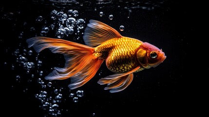 A vibrant goldfish swimming amidst bubbles in a dark aquatic environment.