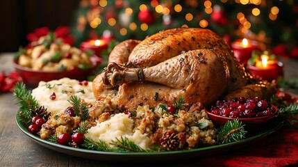 A traditional Christmas Eve dinner spread featuring a golden roasted turkey, mashed potatoes, stuffing, cranberry sauce, and festive holiday decorations, with red and green table settings,