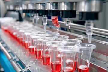 Bottles of juice on the conveyor belt in a modern factory