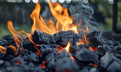 Burning firewood in the fireplace, close-up, background