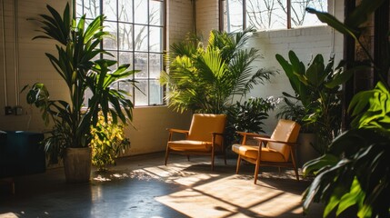 Poster - A cozy seating area filled with lush plants and natural light, creating a serene atmosphere.