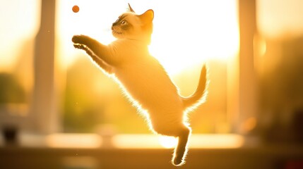 Wall Mural - A playful kitten leaps in sunlight, capturing a moment of joy and energy.