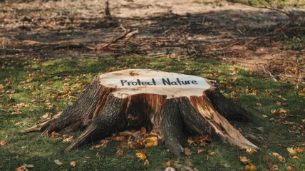 Effects of deforestation highlighted by tree stump on green grass with a message to protect nature