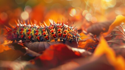 Canvas Print - Colorful Caterpillar on Autumn Leaves