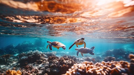 Underwater scene featuring three sea turtles swimming over coral reefs.