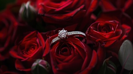 Wall Mural - diamond ring on red roses