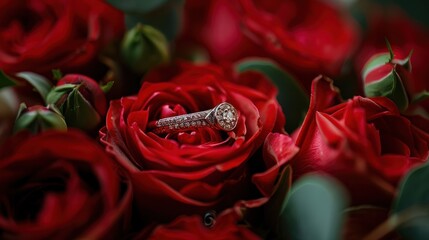 Wall Mural - diamond ring on red roses bouquet