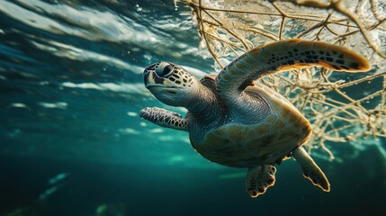 A sea turtle swims through water, entangled in fishing net, highlighting ocean pollution.