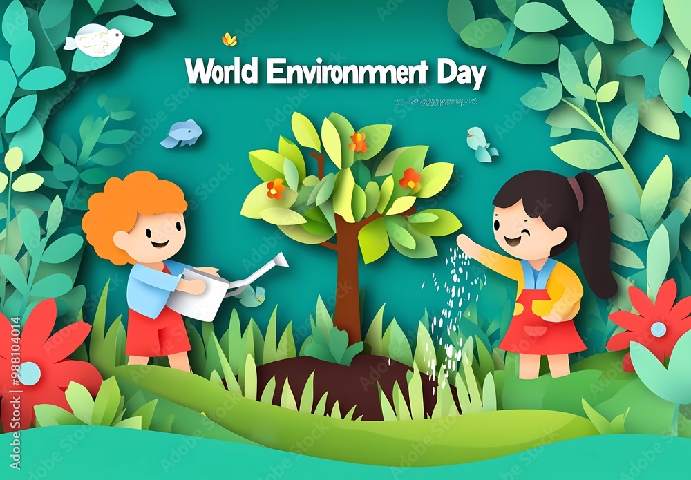 World Environment Day banner with paper-cut children planting a tree ...
