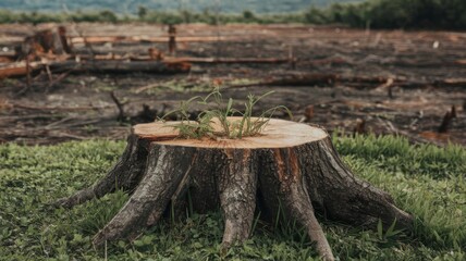 Effects of deforestation highlighted by tree stump on green grass with a message to protect nature