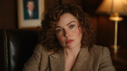 Poster - Thoughtful woman with curly hair in a cozy office setting