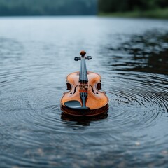 Poster - Violin floating on serene lake