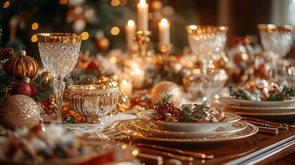 Elegant luxury Christmas dinner featuring a beautifully set table with gold accents, crystal glassware, and gourmet holiday dishes, surrounded by candlelight, rich festive décor,