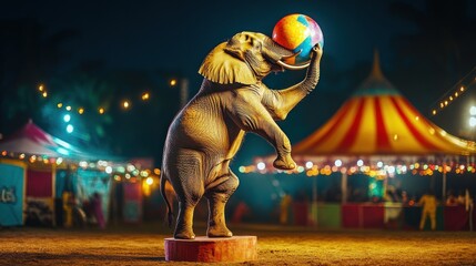 Poster - An elephant performs with a beach ball in a vibrant circus setting at night.