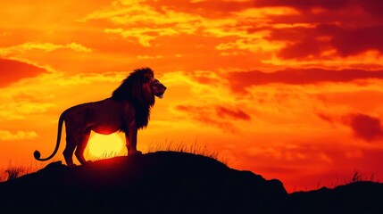 Wall Mural - A silhouette of a lion against a vibrant sunset, symbolizing strength and beauty in nature.