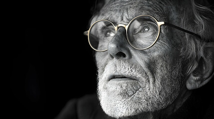 A black and white portrait of an elderly man, where his gold-rimmed glasses catch the light, contrasting with his weathered face