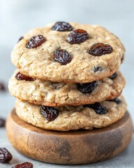 Canvas Print - Delicious homemade oatmeal raisin cookies stacked on a wooden plate