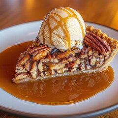 Wall Mural - Delicious pecan pie with ice cream and caramel sauce