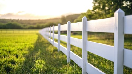 Poster - A close-up view of a white fence stretching across a green field under a sunset sky.