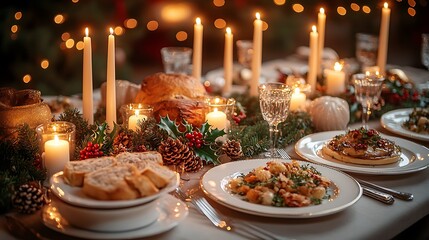 Wall Mural - Luxurious Christmas Eve dinner with an elegant table setting, tall candles flickering, gourmet food served on delicate white plates, silver cutlery shining,