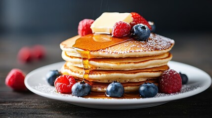 Canvas Print - Delicious stack of pancakes topped with fresh berries and syrup