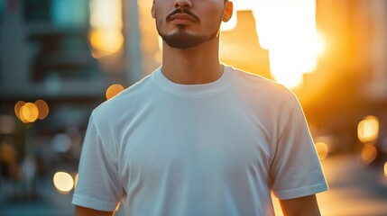 Canvas Print - A man in a white t-shirt stands confidently against a sunset backdrop in an urban setting.