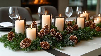 Wall Mural - Modern minimalist Christmas Eve dinner, simple white and black table settings, a greenery centerpiece with pinecones, candles in sleek holders, and clean lines creating a serene,