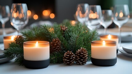 Wall Mural - Modern minimalist Christmas Eve dinner, simple white and black table settings, a greenery centerpiece with pinecones, candles in sleek holders, and clean lines creating a serene,