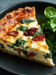 Wall Mural - Delicious spinach and cheese quiche with sun-dried tomatoes