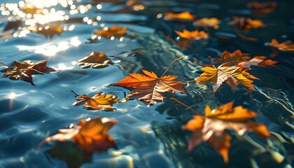 autumn leaves floating on shimmering clear water illuminated by natural light