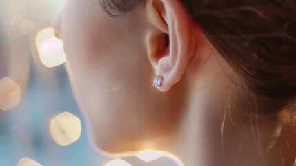 a person wearing a pair of sparkling diamond stud earrings with a soft-focus background.