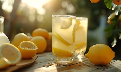 Two glasses of lemonade with fresh lemons on a wooden table