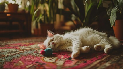 Wall Mural - A fluffy white cat peacefully sleeping on a colorful rug with a small toy.