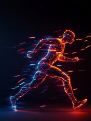 Wall Mural - Dynamic Running Figure in Futuristic Style, a neon-colored abstract athlete figure running, representing speed, energy, movement, technology, and the future.