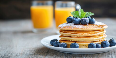 Canvas Print - Delicious pancakes with blueberries and orange juice