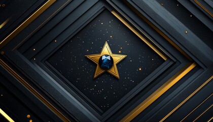 Wall Mural - A Golden Star with a Blue Gemstone Center on a Black Background with Gold Lines