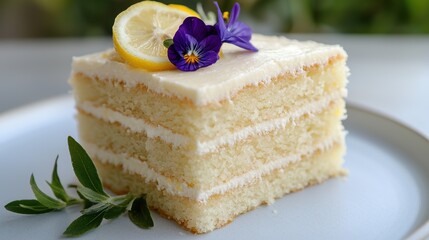 Wall Mural - Delicious lemon cake slice with edible flower garnish