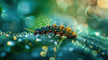 Canvas Print - Caterpillar on a Dew-Covered Leaf