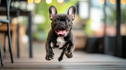 A playful French Bulldog joyfully leaps indoors, showcasing its energetic spirit.