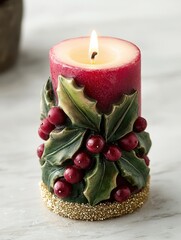 Canvas Print - festive holiday candle with holly and berries