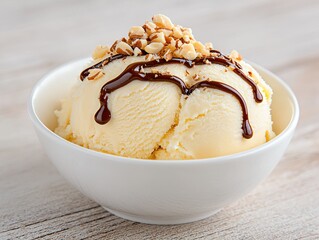 Poster - Delicious ice cream sundae with chocolate sauce and nuts