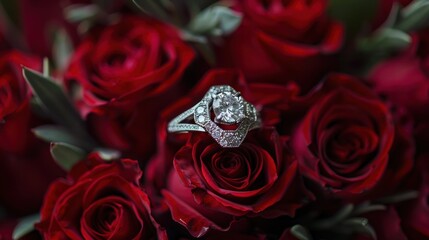 Wall Mural - diamond ring surrounded by red roses