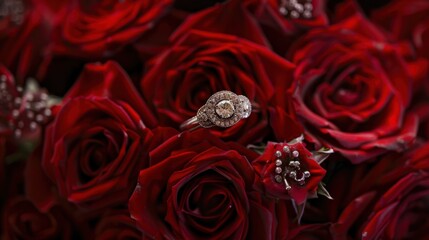 Wall Mural - diamond ring on red roses
