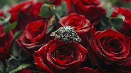 Wall Mural - diamond ring on red roses
