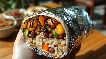 Wall Mural - A close-up of a hand holding a burrito wrapped in shiny foil, packed with vibrant ingredients like rice, beans, and grilled vegetables, ready to take a bite.