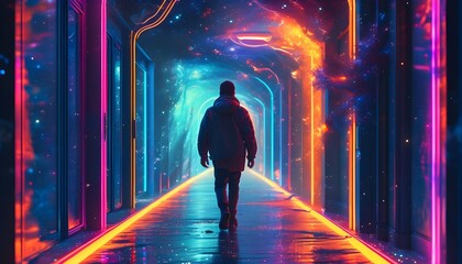 Wall Mural - Journey Through a Neon Galaxy: A Man Explores a Mystical Cosmic Corridor