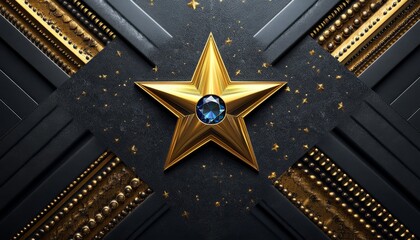 Wall Mural - A Golden Star with a Blue Gemstone on a Black Background with Gold Accents