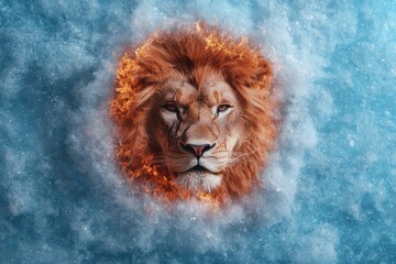 Wall Mural - Powerful lion surrounded by fire and ice